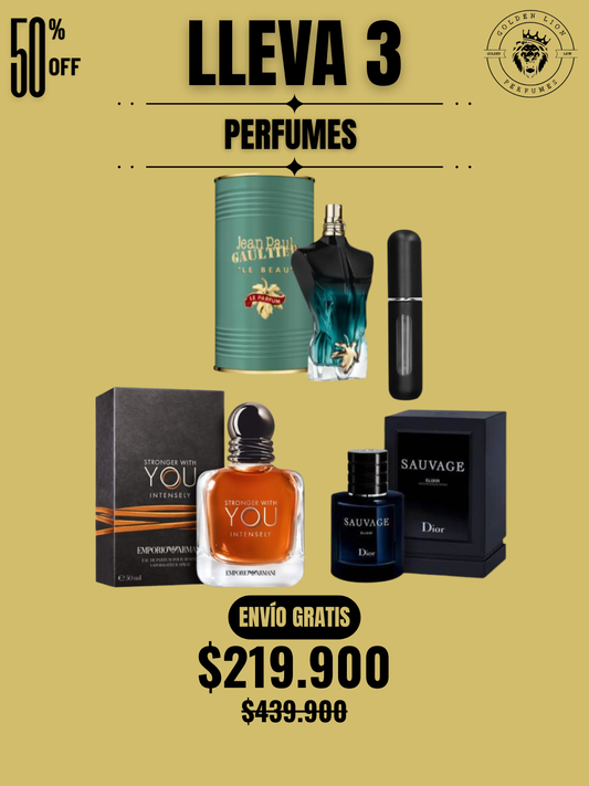 3 PERFUMES + OBSEQUIO (Le beau le parfum - Sauvage elixir - Stronger Intensely + Perfumero)