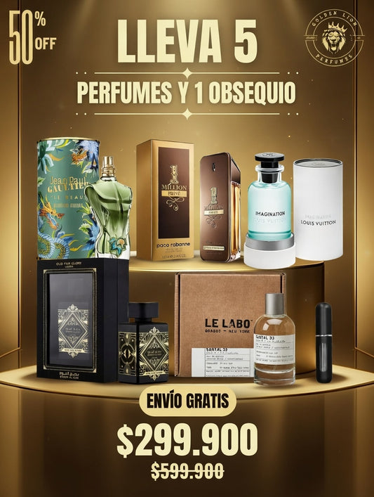 5 PERFUMES + 1 OBSEQUIO (One Million Prive - Imagination - Paradise Garden - Oud For Glory - Santal 33 + 1 Perfumero)