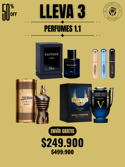 3 PERFUMES + 3 OBSEQUIO (Invictus Victory Elixir - Sauvage elixir - Le male elixir + 3 Perfumero)