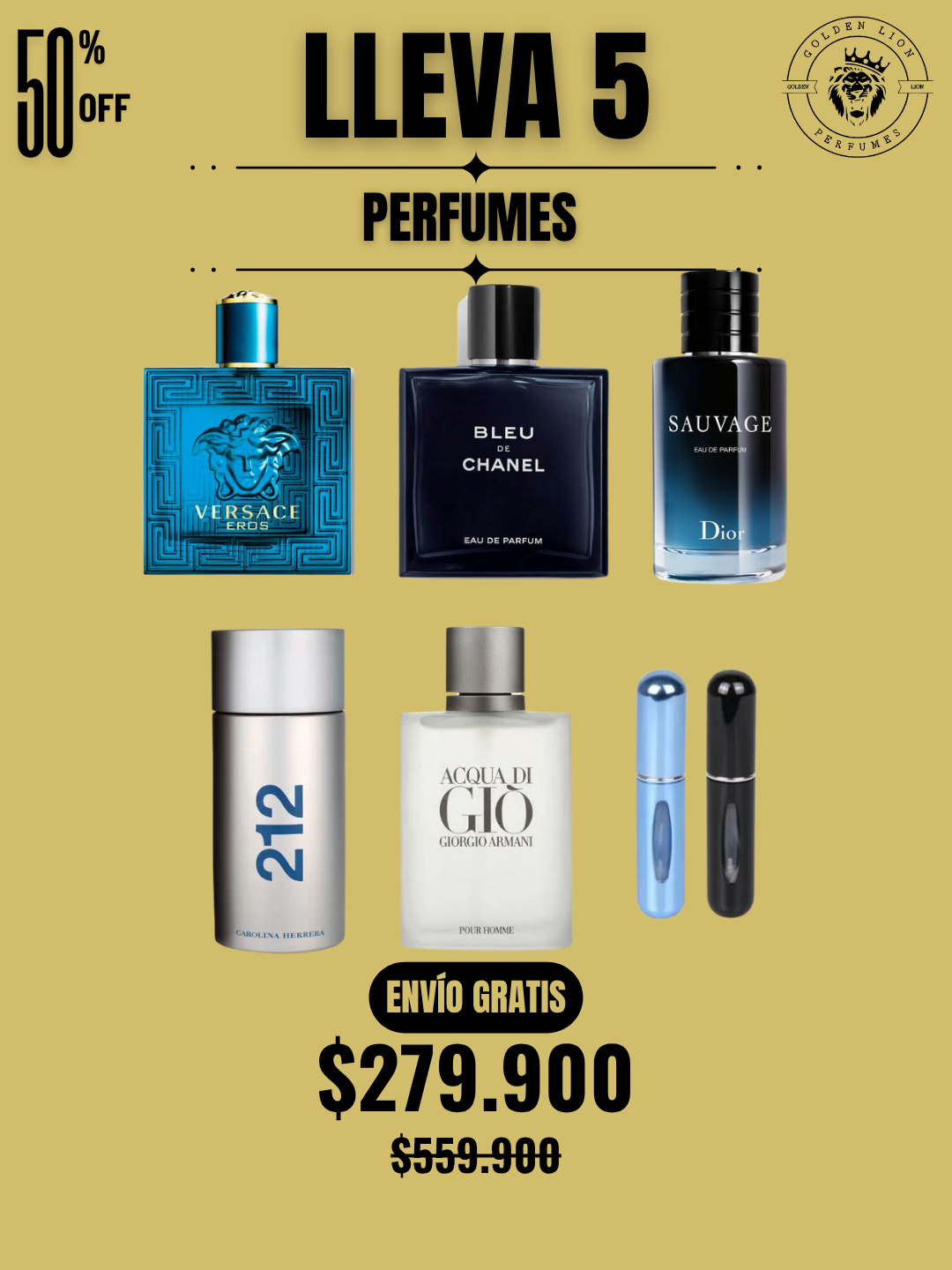 5 PERFUMES + OBSEQUIO (Eros - Aqcua di Gio - Sauvage - Bleu - 212 Men + 2 Perfumeros)
