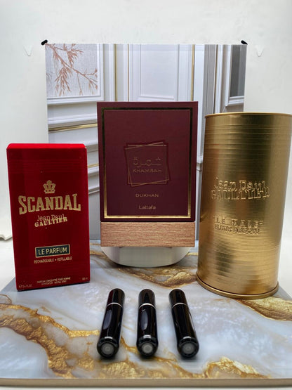 3 PERFUMES + 3 OBSEQUIO (Khamrah Dukhan - Scandal Le Parfum - Le male elixir absolu + 3 Perfumero)