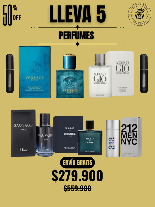 5 PERFUMES (Versace Eros - Aqcua di Gio - Sauvage - Bleu De Channel - 212 Men + 2 Perfumeros)