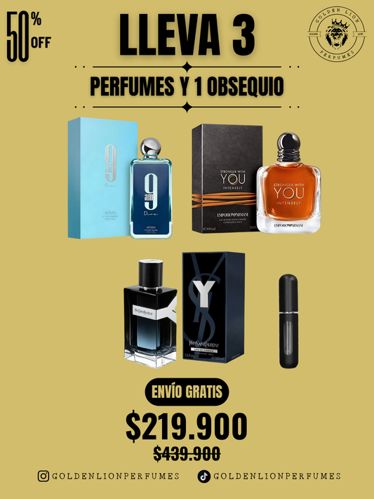 3 PERFUMES + 1 OBSEQUIO (Y edp Yvest - Stronger Intensely - 9am Dive + 1 Perfumero)
