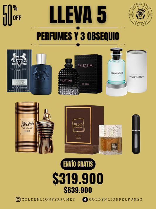 5 PERFUMES + 3 OBSEQUIO (Khamrah Qahwa - Born in roma  - Le male elixir - Layton - Imagination + 3 Perfumero)