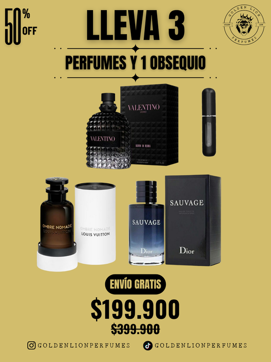 3 PERFUMES + 1 OBSEQUIO (Sauvage - Born In Roma - Ombre Nomade + 1 Perfumero)