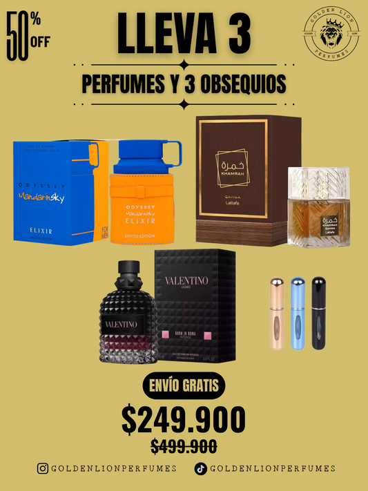 3 PERFUMES + 3 OBSEQUIO (Khamrah Qahwa - Born In Roma Intense - Mandarin Sky Elixir + 3 Perfumero)