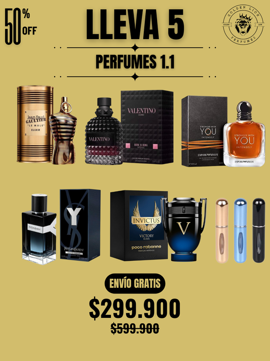 5 PERFUMES + 3 OBSEQUIO (Invictus Victory Elixir - Born in roma intense - Le male elixir - Stronger Intensely - Y Edp Yves + 3 Perfumero)