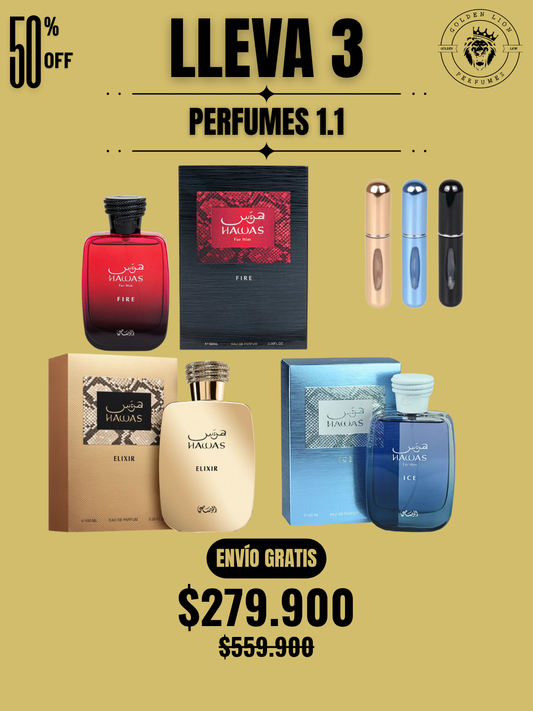 3 PERFUMES + 3 OBSEQUIO (Hawas Ice - Hawas Elixir - Hawas Fire + 3 Perfumero)