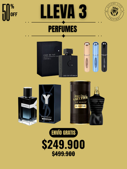 3 PERFUMES + 3 OBSEQUIO (Club de Nuit - Y EDP - Le male Le Parfum + 3 Perfumero)