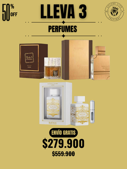 3 PERFUMES + Obsequio (Khamrah Qahwa - Al Haramain Gold - Honor & Glory + Perfumero)