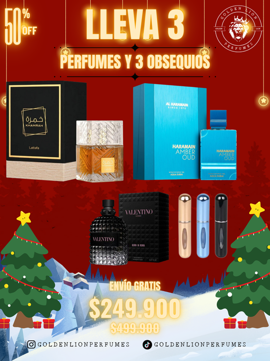 3 PERFUMES + 3 OBSEQUIO (Khamrah - Born in roma - Aqua Dubai Haramain + 3 Perfumero)