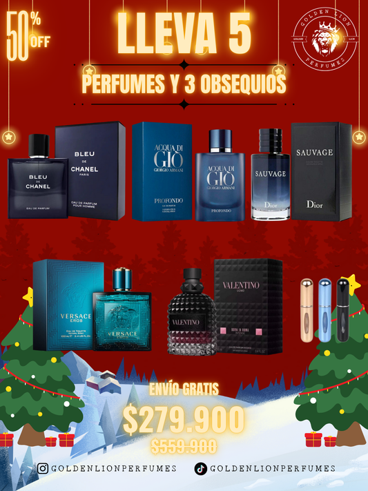 5 PERFUMES + OBSEQUIO (Eros - Born in roma intense - Sauvage - Bleu - Acqua di gio profondo + 3 Perfumeros)