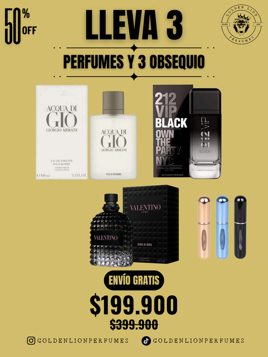 3 PERFUMES + 3 OBSEQUIO (Acqua Di Gio - Born In Roma - 212 Vip Black + 3 Perfumero)