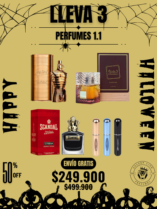 3 PERFUMES + 3 OBSEQUIO (Khamrah Dukhan - Scandal Le Parfum - Le male elixir absolu + 3 Perfumero)