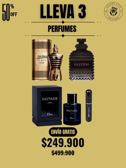 3 PERFUMES + OBSEQUIO (Le male elixir - Sauvage elixir - Born in roma + Perfumero)