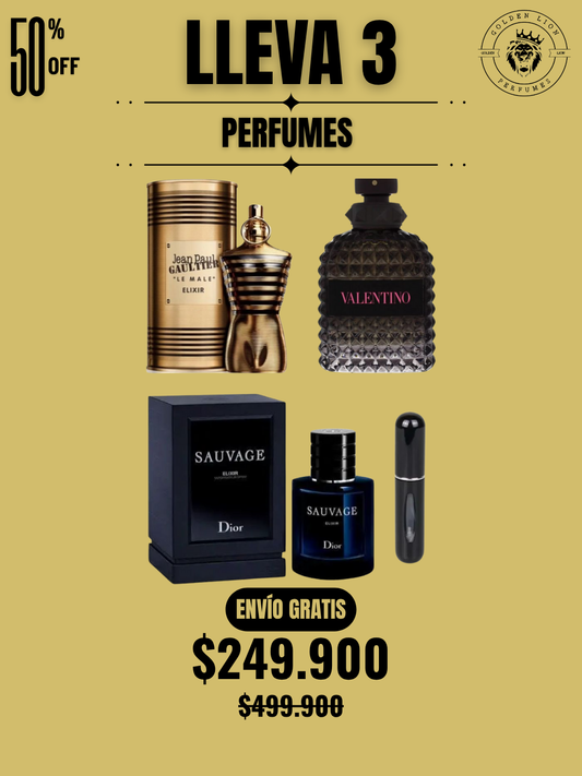 3 PERFUMES + OBSEQUIO (Le male elixir - Sauvage elixir - Born in roma + Perfumero)